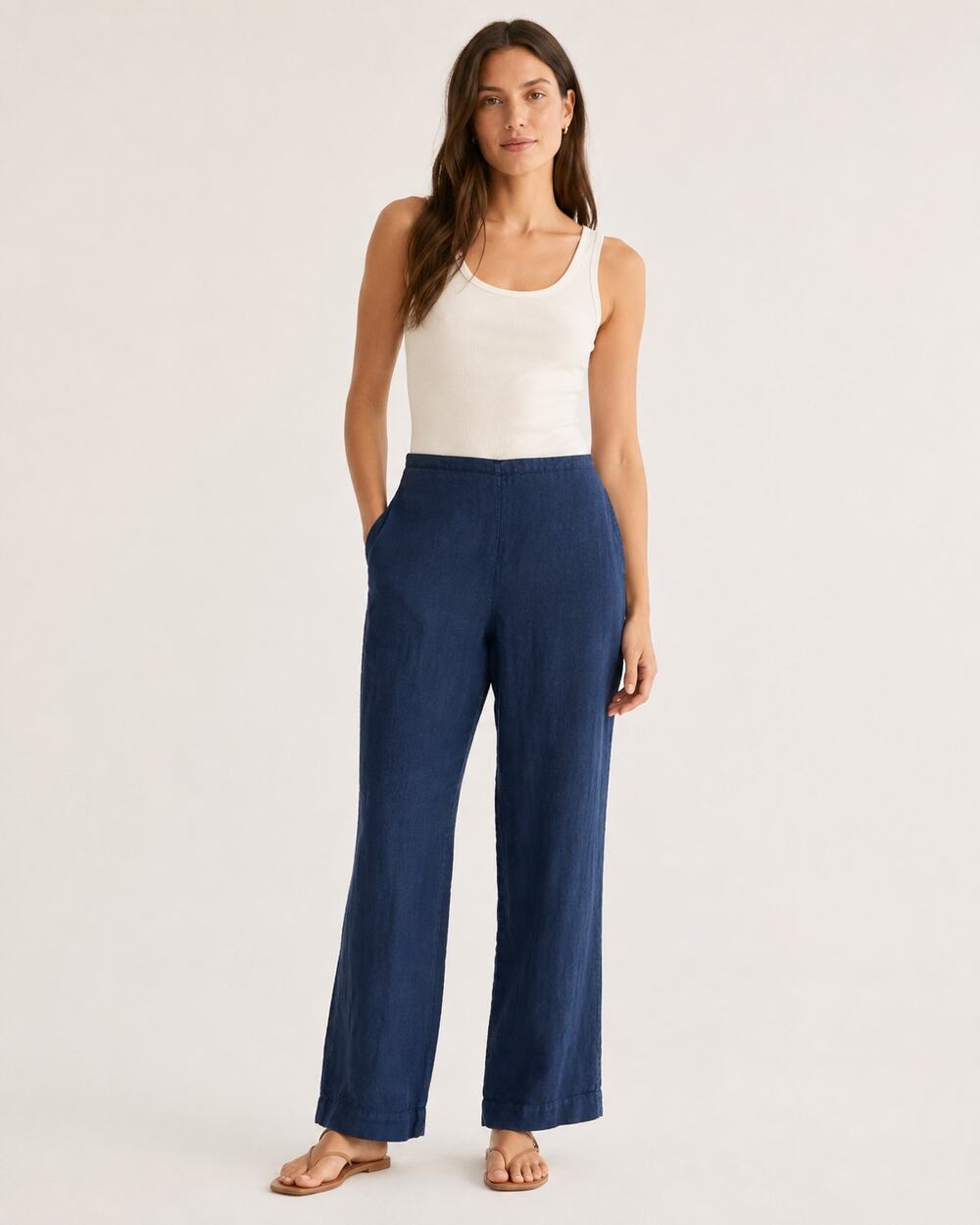 Bryn Walker Navy 100% Linen Pull-On Straight Leg Pants Women's M